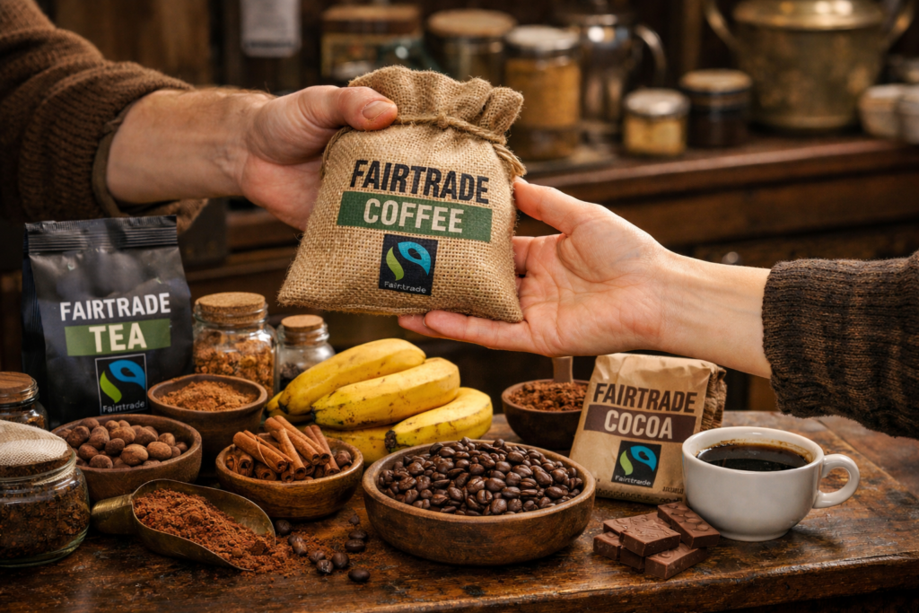Die Abbildung zeigt einen Holztisch und darauf verschiedene Fairtrade Produkte, wie Gewürze, Kaffee, Tee, Schokolade, Kakao, Bananen. Ein Beutel mit Kaffeebohnen wird darüber von Hand zu Hand gereicht.