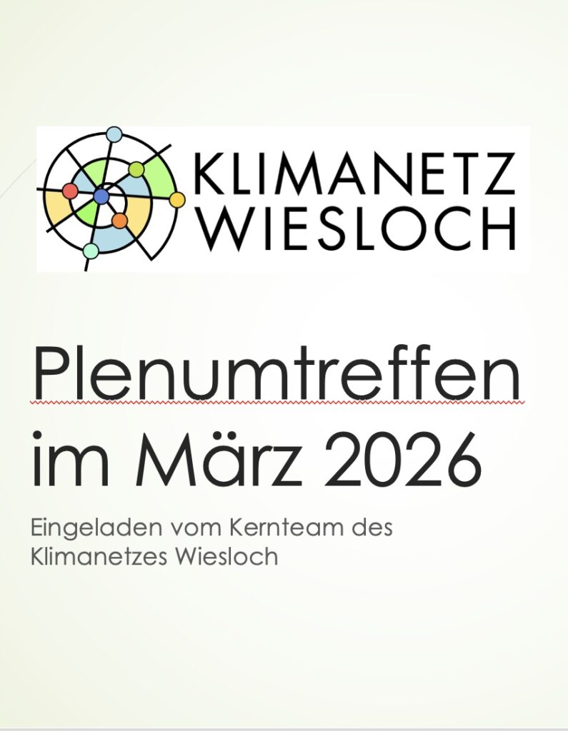 Die Abbildung zeigt auf hellgrünem Grund das Logo des Klimanetzes Wiesloch. Darunter. Steht der Text in schwarzer Schrift: Plenumtreffen im März 2026, eingeladen vom Kernteam des Klimanetzes Wiesloch.