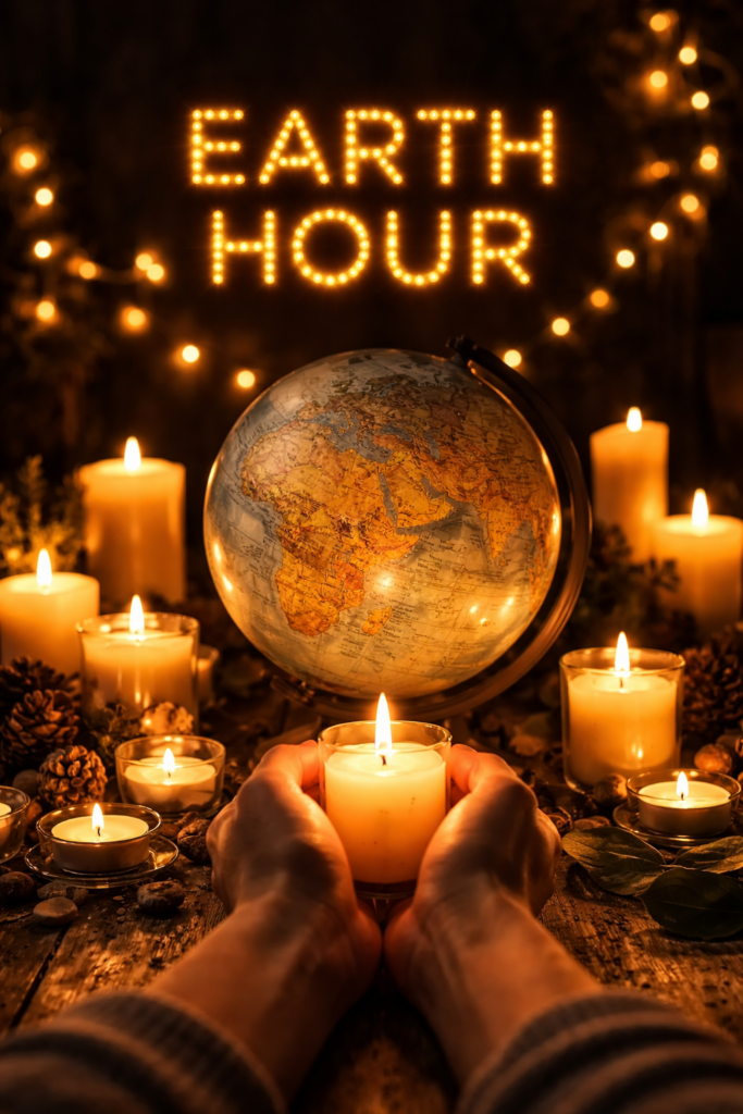 Das Bild ist KI-generiert und zeigt zwei Hände, die in einem dunklen Raum ein Glas mit einer brennenden Kerze umschließen. Dahinter befindet sich ein leicht altertümlicher Globus. Rechts und links davon stehen ebenfalls brennende Kerzen. In der Mitte am oberen Bildrand steht in leuchtenden Buchstaben „Earth Hour“.