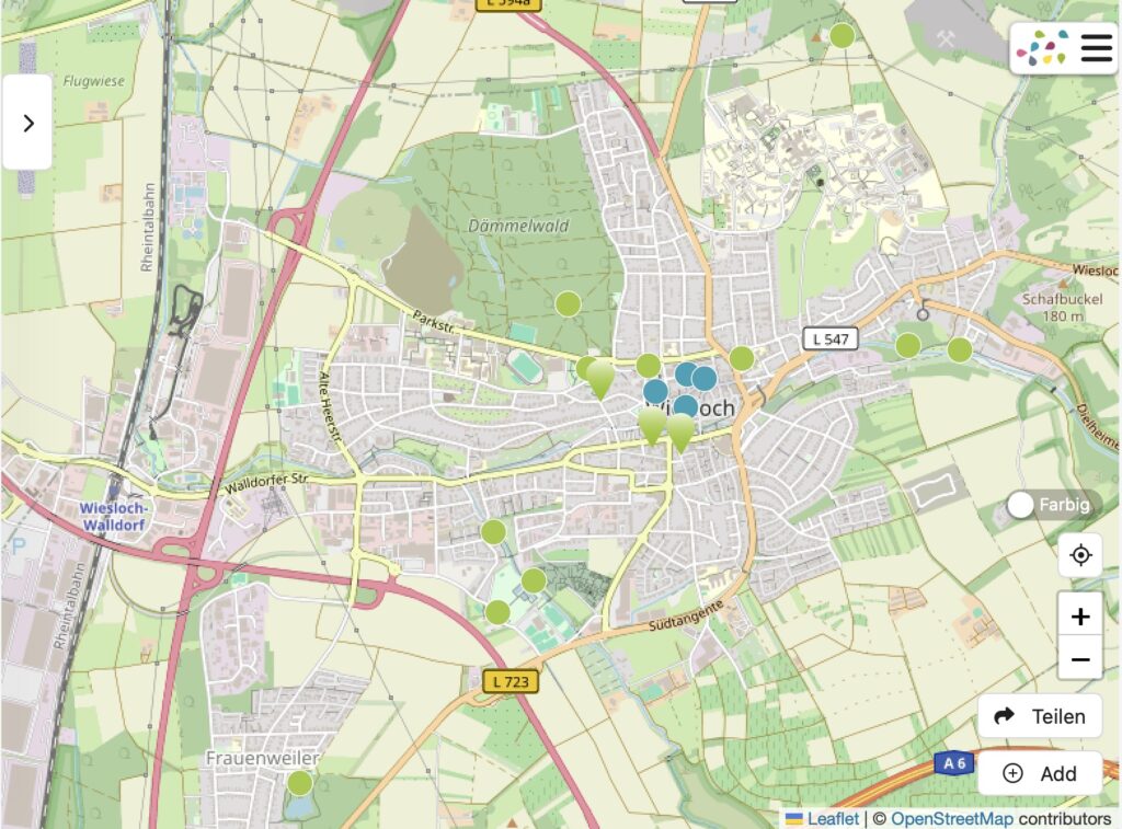 Die Abbildung zeigt die Karte kühler Orte, Trinkwasserstellen und Refill-Stationen in Wiesloch. Die Karte liegt unter https://klimanetz-wiesloch.de/kuehle-orte/
