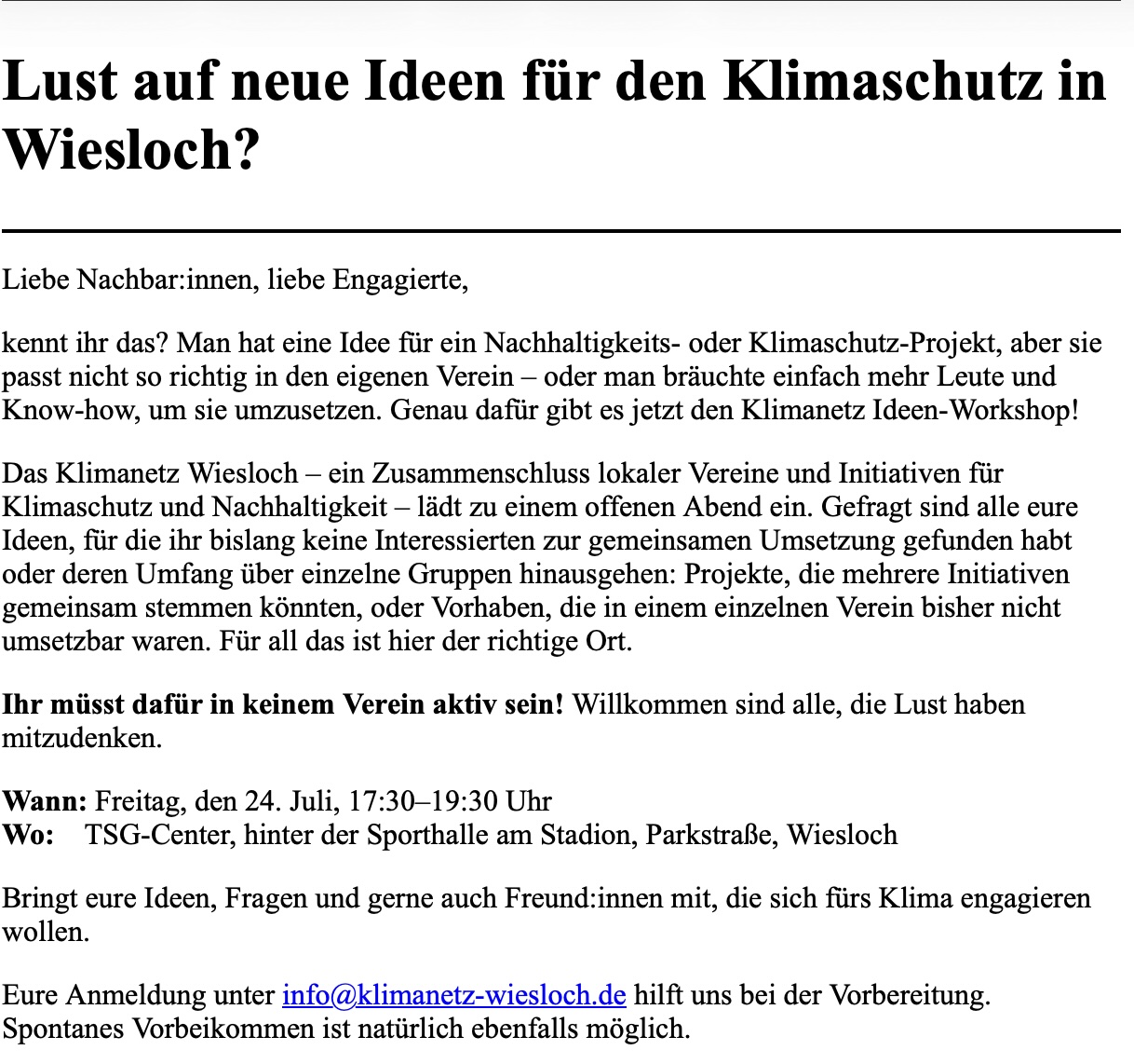 Die Abbildung zeigt die schriftliche Einladung zum Ideenworkshop des KLimanetzes Wiesloch aus dem ebenfalls versandten Newsletter.