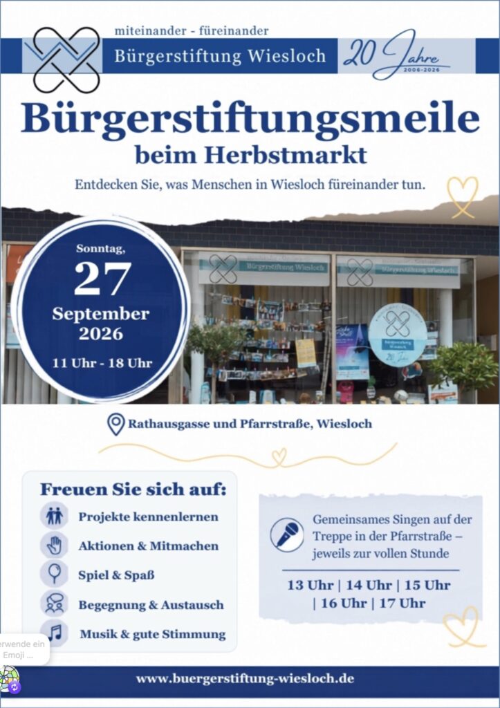 Die Abbildung zeigt die offizielle Einladung zur Bürgerstiftungsmeile am 27. September beim Herbstmarkt. Die Meile findet zwischen 11 und 18 Uhr statt. Wir vom Klimanetz Wiesloch werden uns dort auch präsentieren.