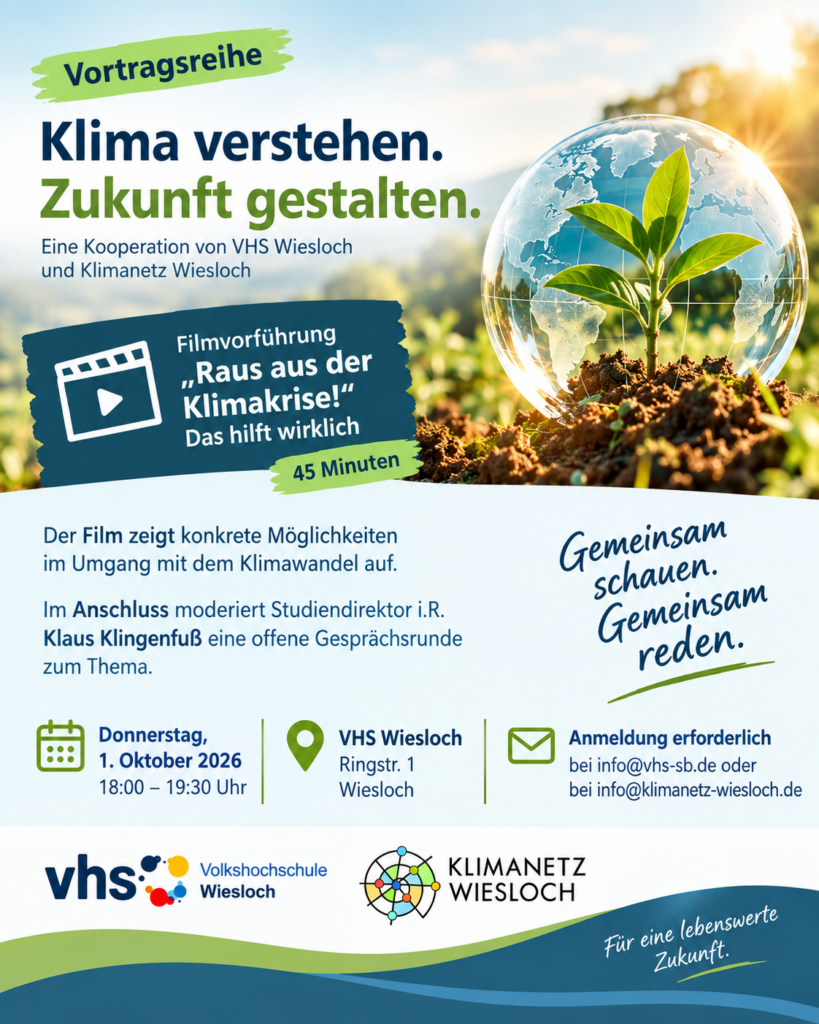 Die Abbildung zeigt eine Werbung für den ersten Beitrag einer Vortragsreihe, die die VHS Wiesloch in Zusammenarbeit mit dem Klimanetz Wiesloch aufgesetzt hat. Die Vortragsreihe beginnt am 1. Oktober mit der Vorführung des Filmbeitrags „Raus aus der Klimakrise! Das hilft wirklich“. Annschließend moderiert Studiendirektor Klaus Klingenfuß eine zum Thema passende Gesprächsrunde. Die Veranstaltung beginnt um 18 Uhr und dauert bis 19:30 Uhr. Veranstaltungsort ist in den Räumlichkeiten der Volkshochschule in der Ringstr. 1 in Wiesloch. Um Anmeldung wird gebeten bei der VHS oder unter info@klimanetz-wiesloch.de.